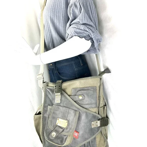 Vintage DIESEL Green Gray Canvas Cargo Messenger Sling Bag Utility Pockets Y2K